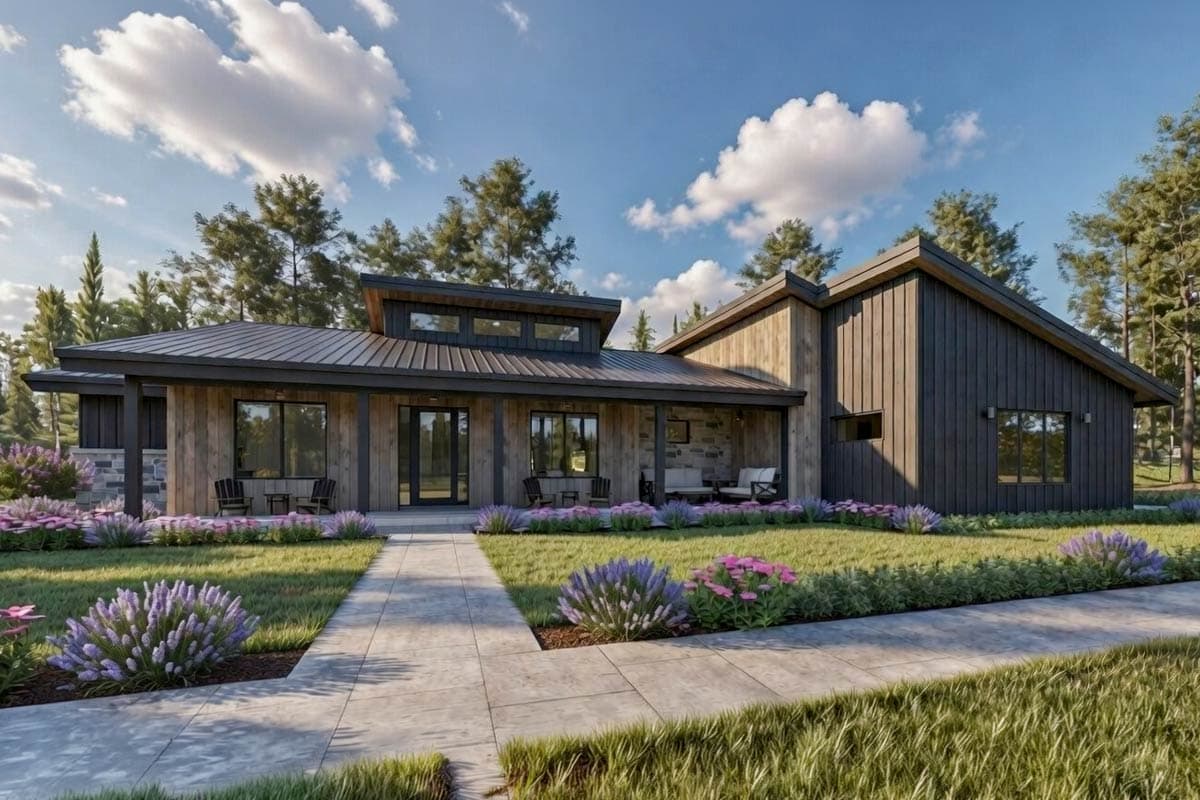 Modern house plan exterior with a low-pitched gable roof, covered porch, wood siding, and stone accents.