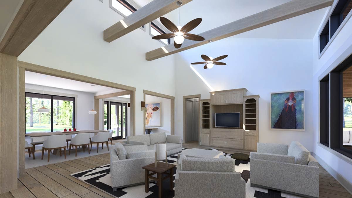 Interior rendering of living room with vaulted ceiling, exposed beams, and open connection to dining area.