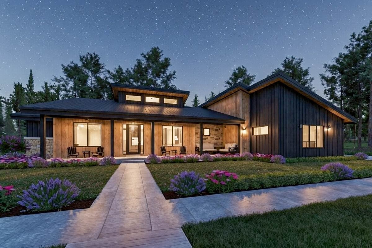 Modern ranch house plan exterior with wood siding, stone accents, covered porch, and clerestory windows.
