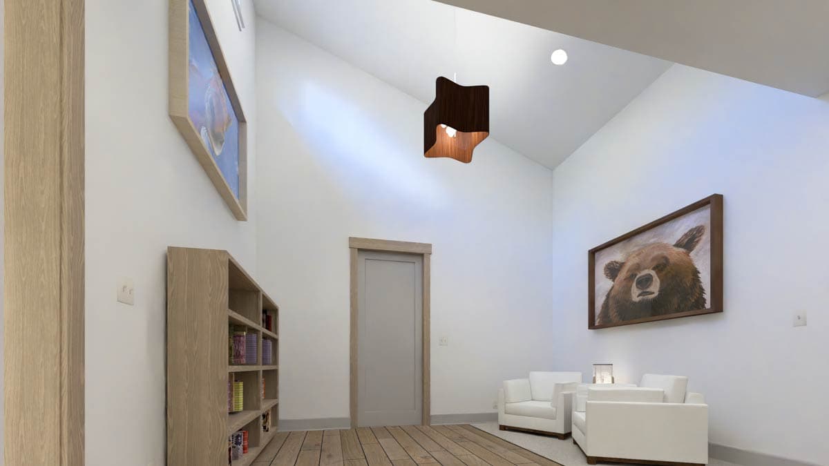 Interior rendering showing a room with vaulted ceilings, a modern pendant light, bookshelf, and two white armchairs with bear artwork.