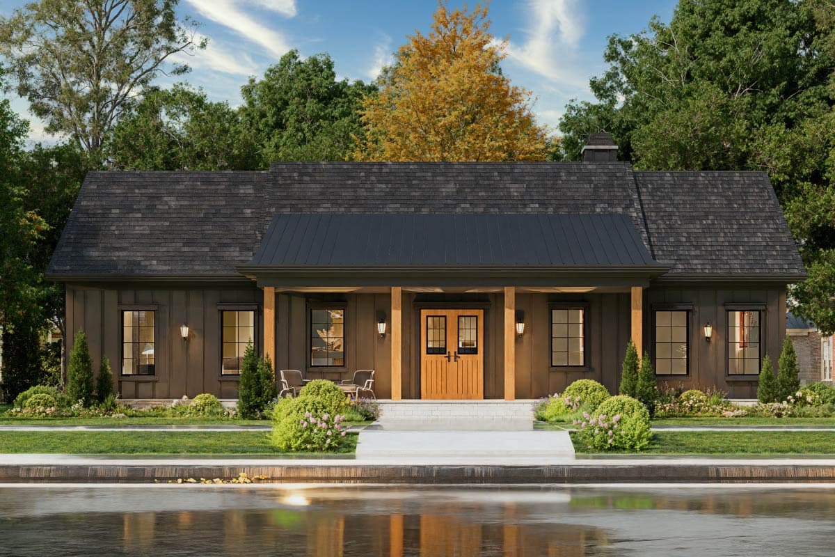 House plan exterior: Modern Farmhouse, one story, covered porch with wood columns, double front doors, gabled rooflines.