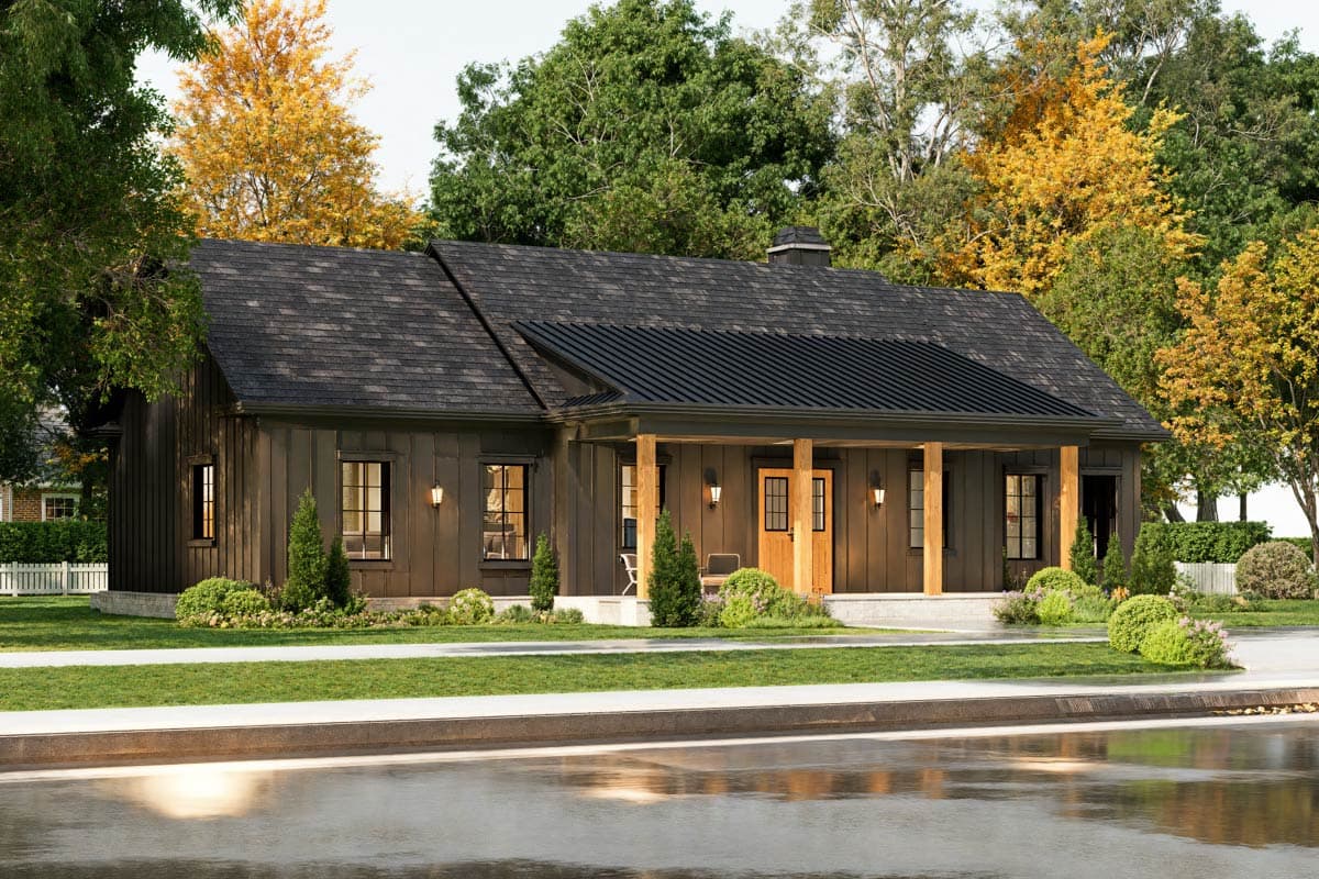 House plan exterior. One-story farmhouse style with a covered porch supported by columns. Features include gabled roof and metal accent roof.