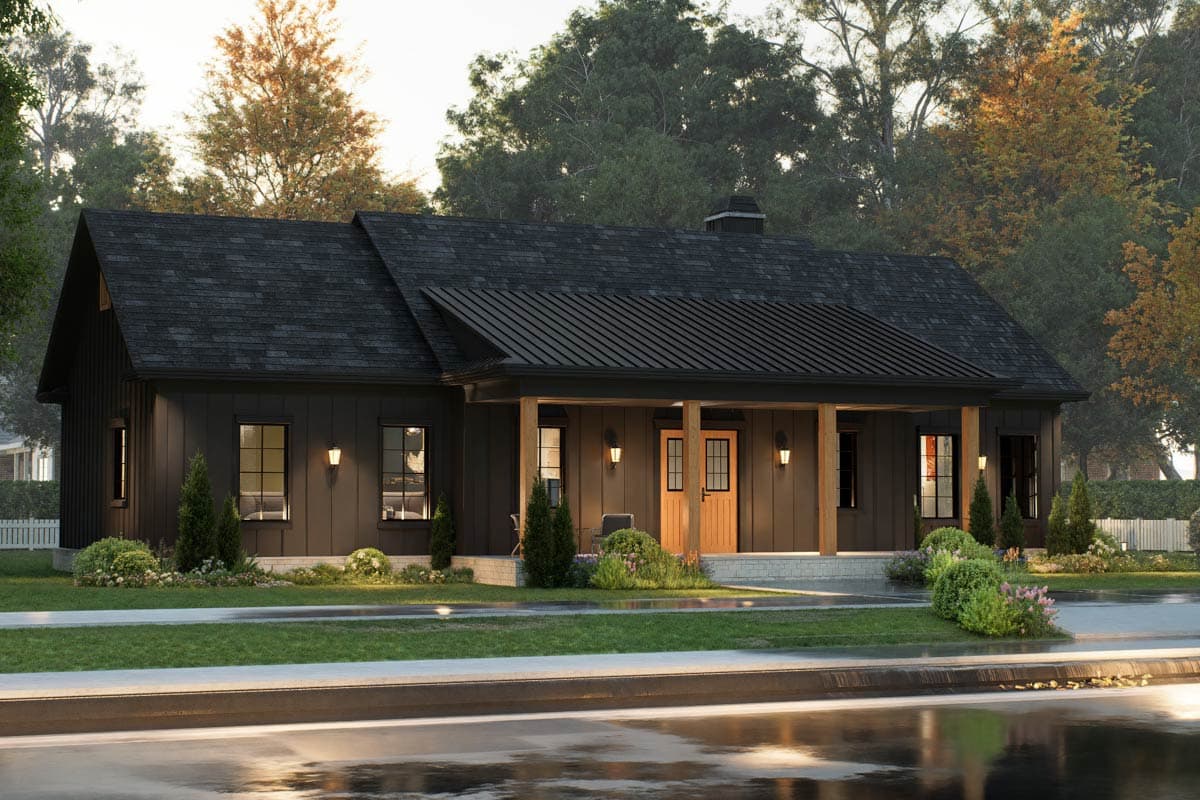 Modern Farmhouse house plan exterior with gabled roof, covered porch with wood columns, and vertical siding.