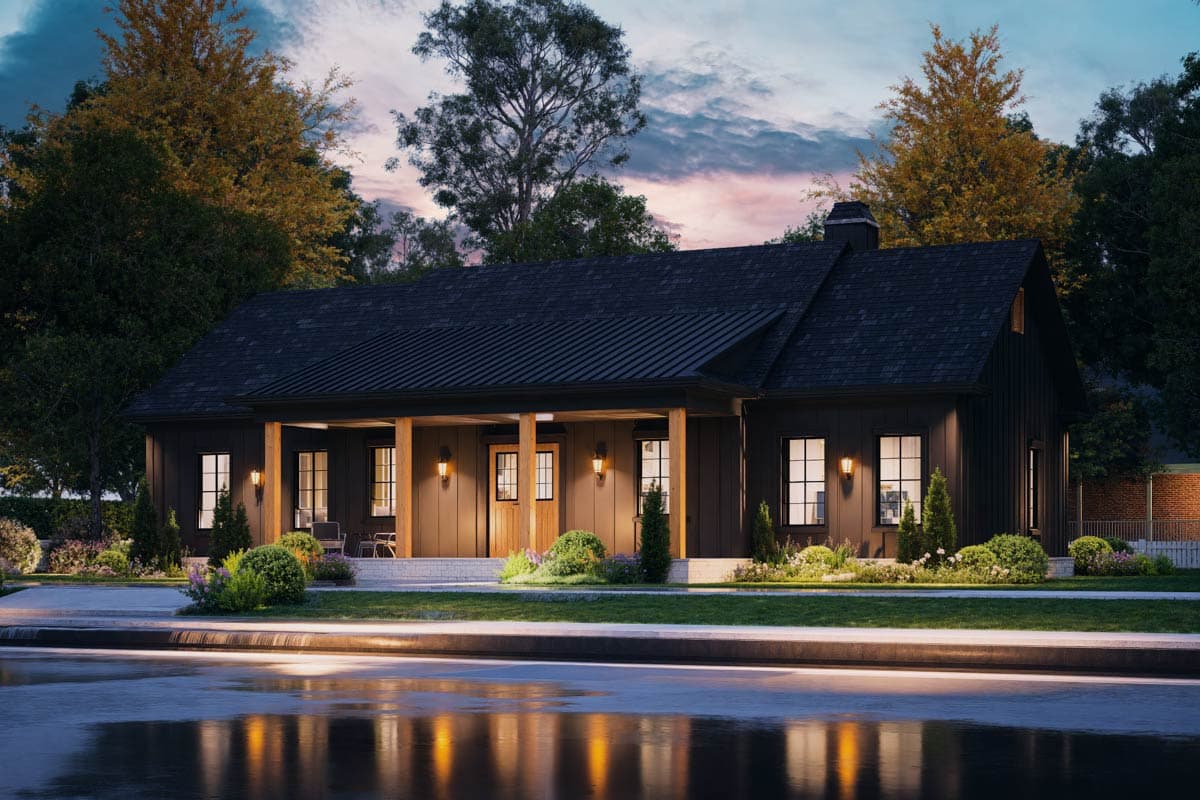 Modern Farmhouse house plan exterior with a gabled roof, covered porch with wood columns, and vertical siding.