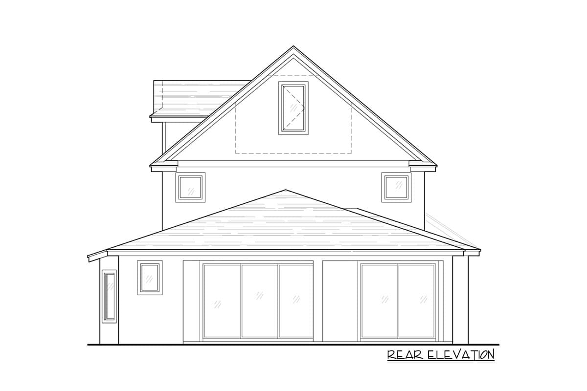 Architectural drawing of a house rear elevation. Features a two-story design with a gabled roof and large sliding glass doors.
