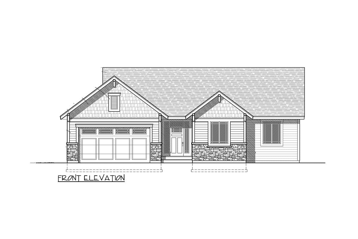 Front elevation house plan drawing of a single-story home with a gabled roof, stone accents, and a two-car garage.