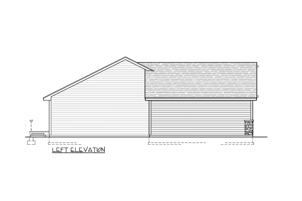 Left elevation of a house plan featuring horizontal siding, a sloped roof, and a stone-clad column.