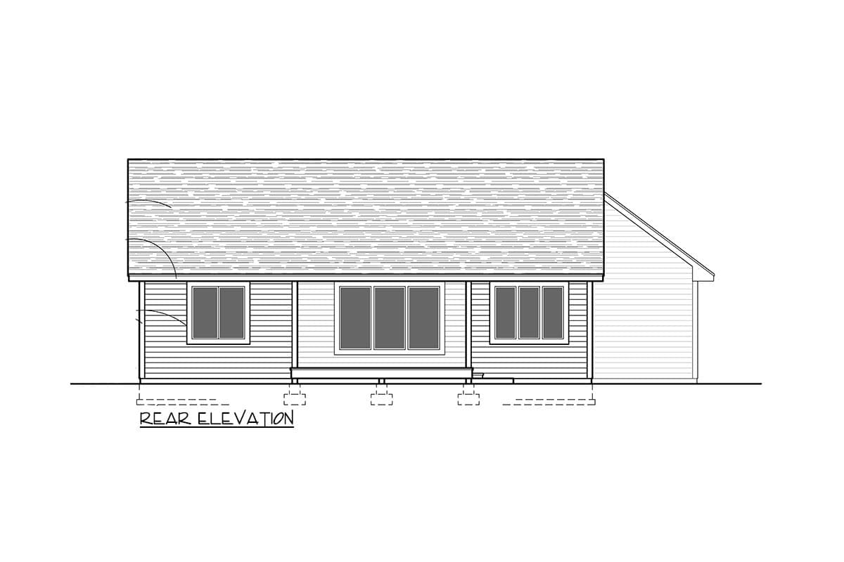 Rear elevation drawing of a house plan showing siding, windows, and roofline.