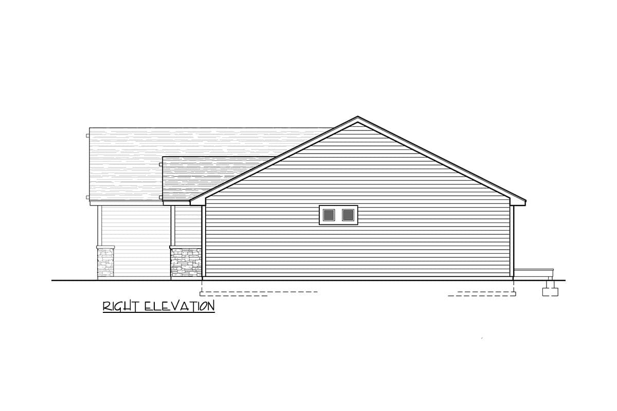 House plan right elevation drawing showing a one-story home with a gabled roof, clapboard siding, stone porch supports, and two small windows.