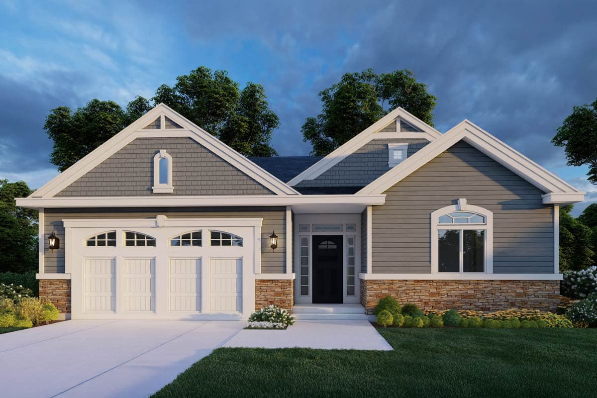 House plan exterior. Ranch style with a two-car garage. Features include gabled roof, stone veneer accents, and arched window. One story.