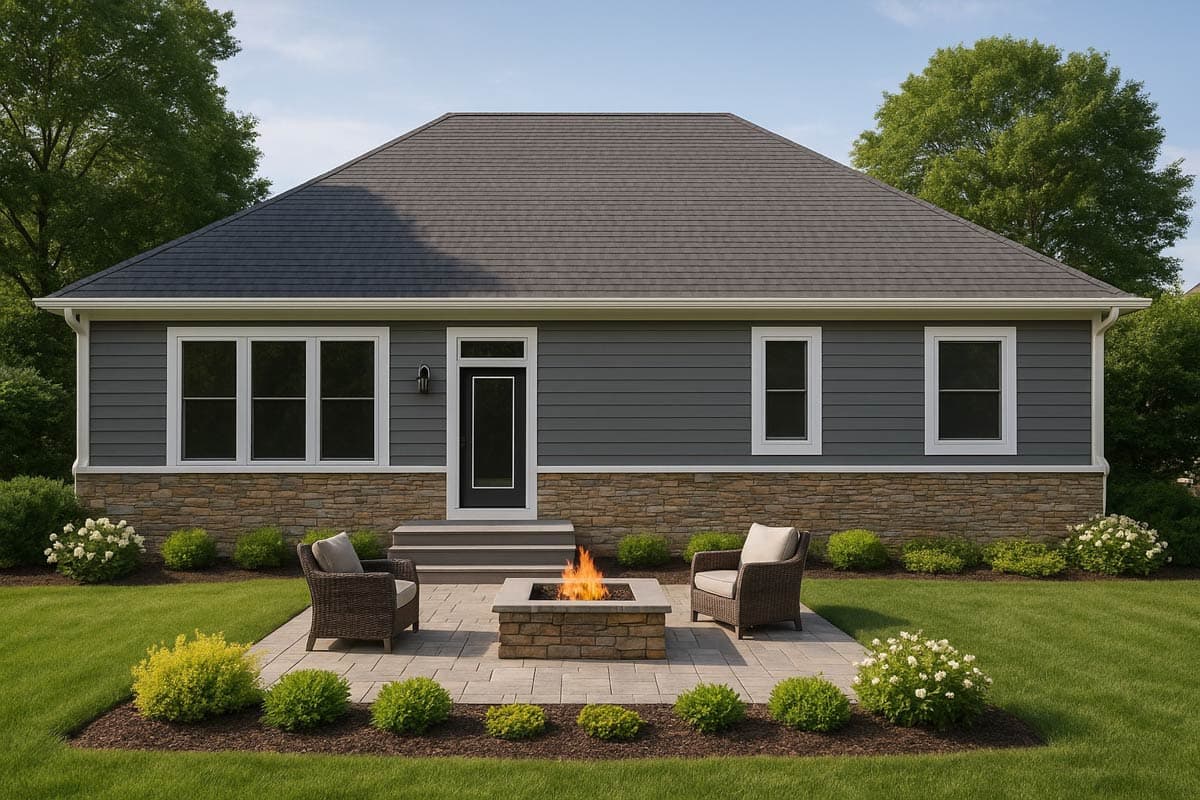 House plan exterior: One-story home with gray horizontal siding, stone wainscoting, dark roof, and centered entryway.