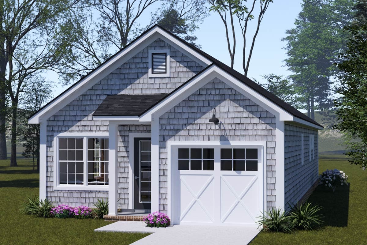 House plan exterior featuring a shed dormer, gable roof, shingle siding, and an attached one-car garage with a paneled door.