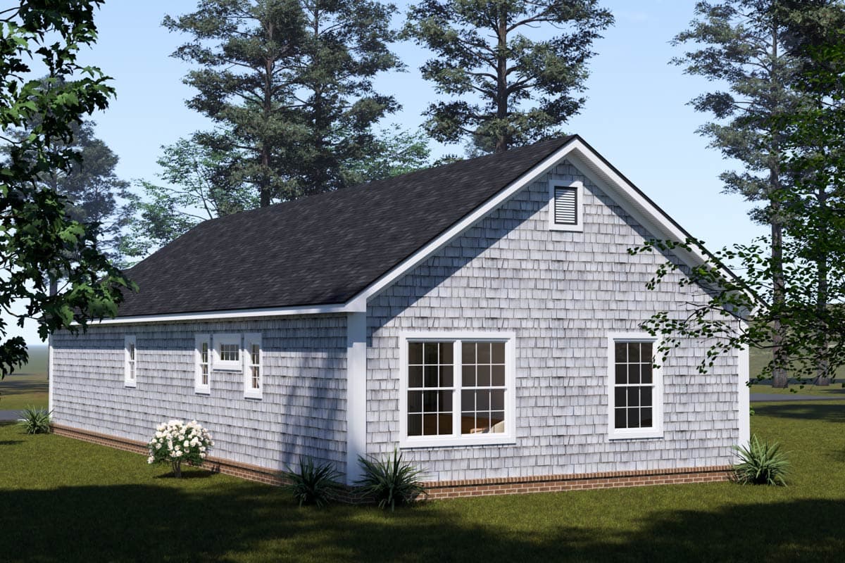 House plan exterior, one story with cedar shake siding, gabled roof, and multiple double-hung windows.