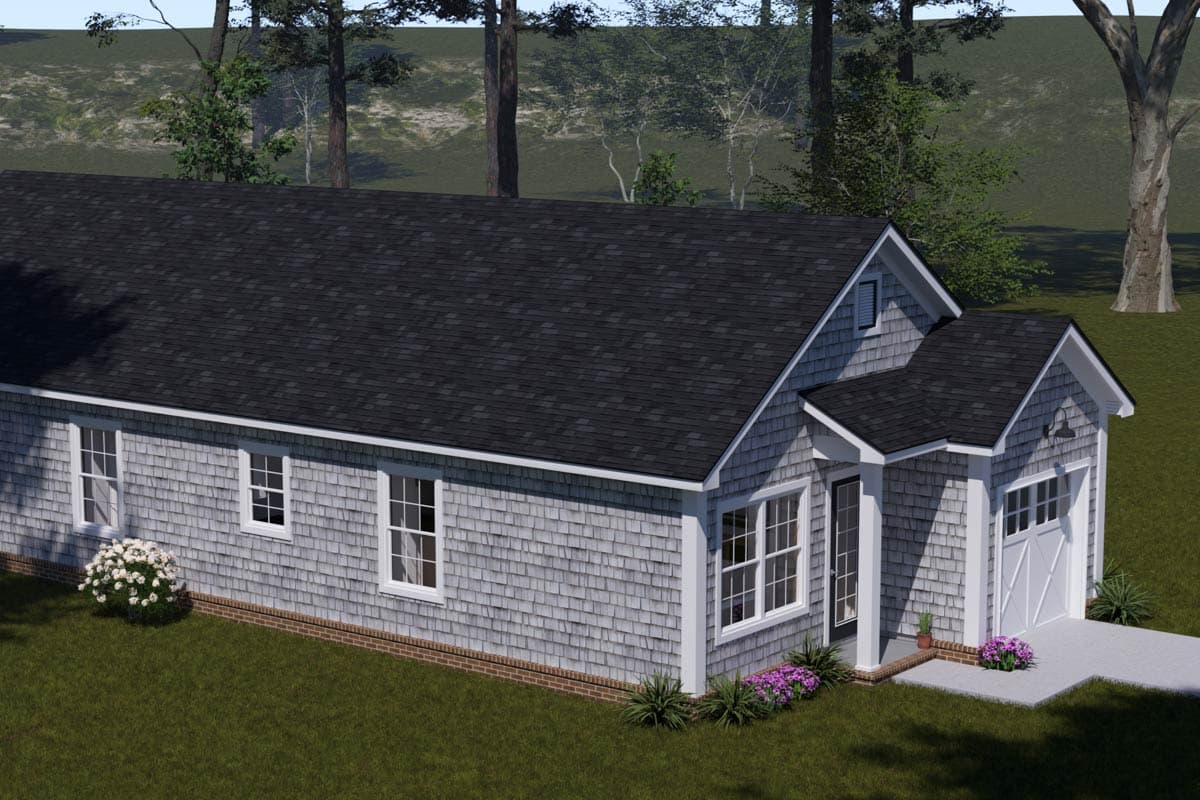 House plan exterior: One-story Cape Cod style with shingle siding, gable roof, dormer, and attached garage.