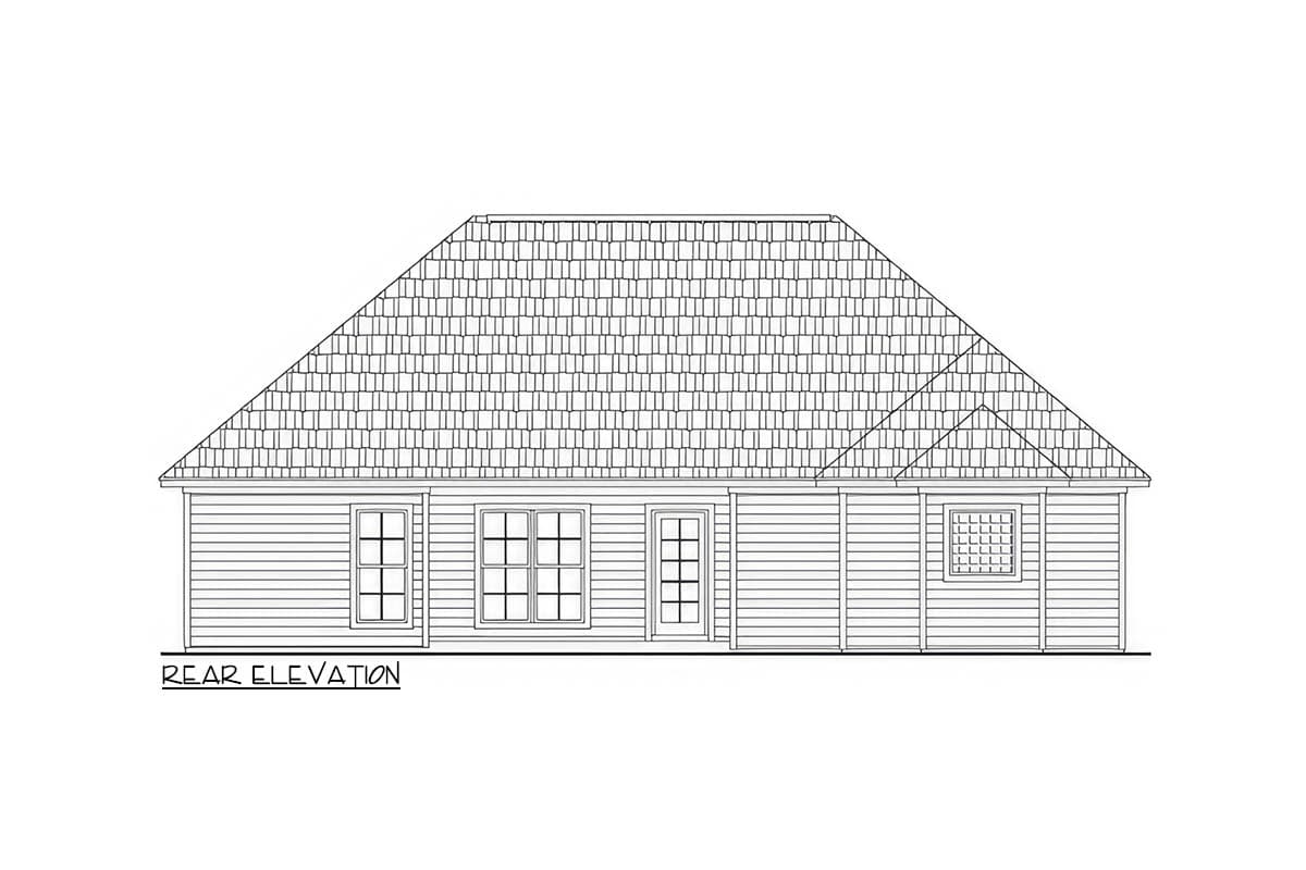 Rear elevation of a house plan showing horizontal siding, a pitched roof, and several windows and a door.