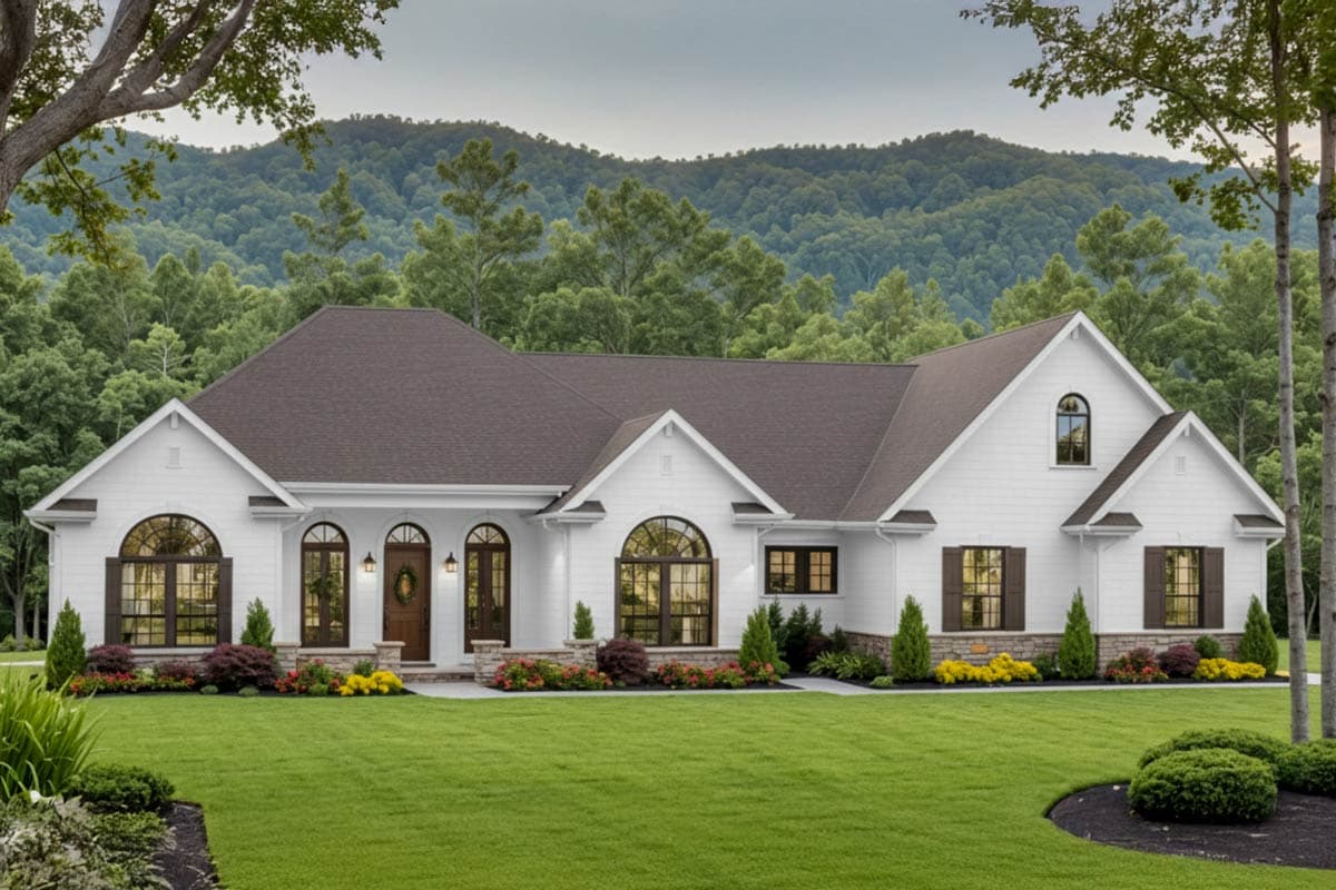 House plan exterior. Two-story, farmhouse-style home with gabled roof, arched windows, and stone accents at base.