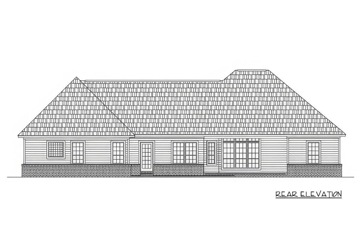 Rear elevation drawing of a single-story house plan with horizontal siding, multiple windows, and a hip roof.