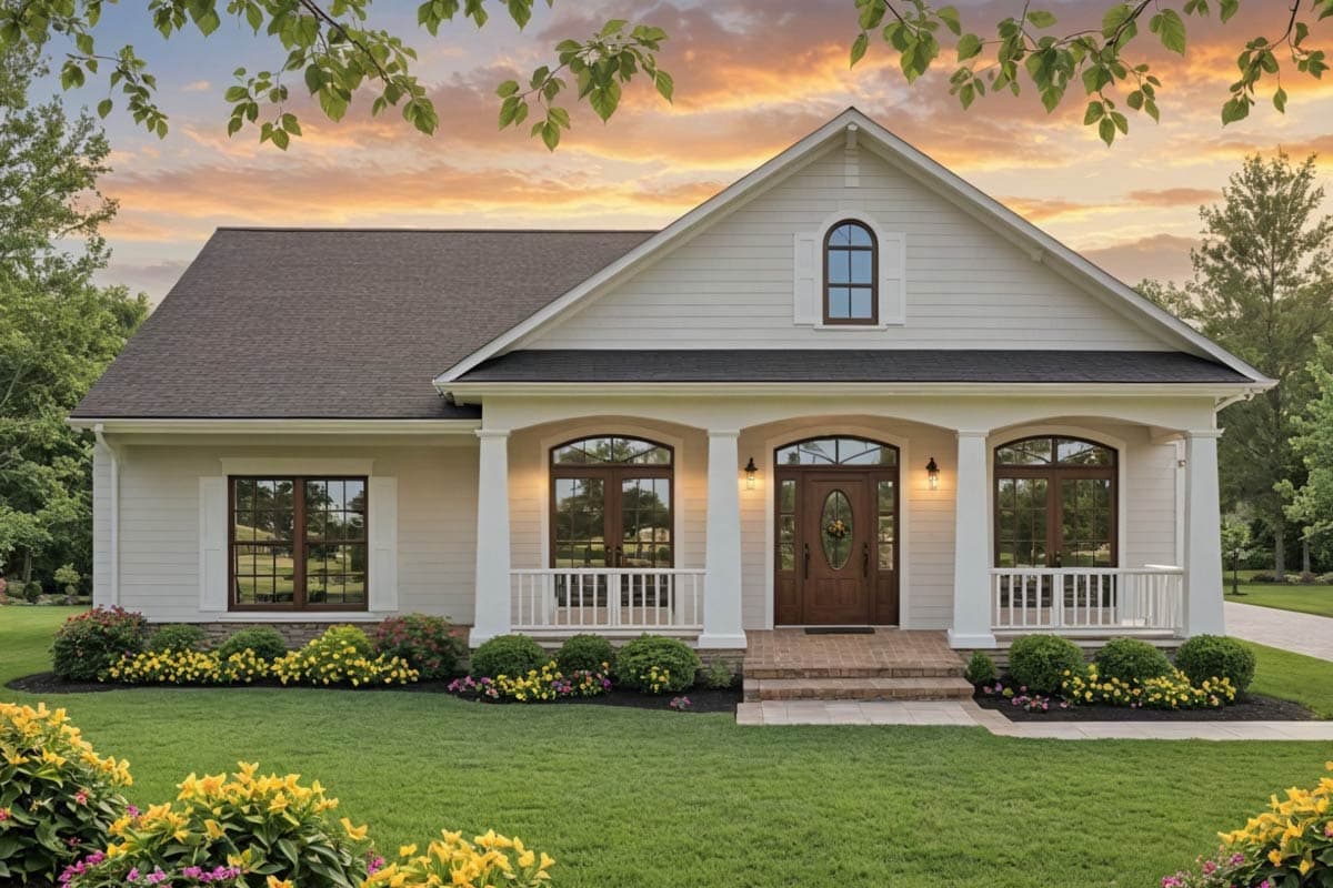 House plan exterior. One-story home with porch, arched window detailing, and a gable roof. Features include a front entry with columns.