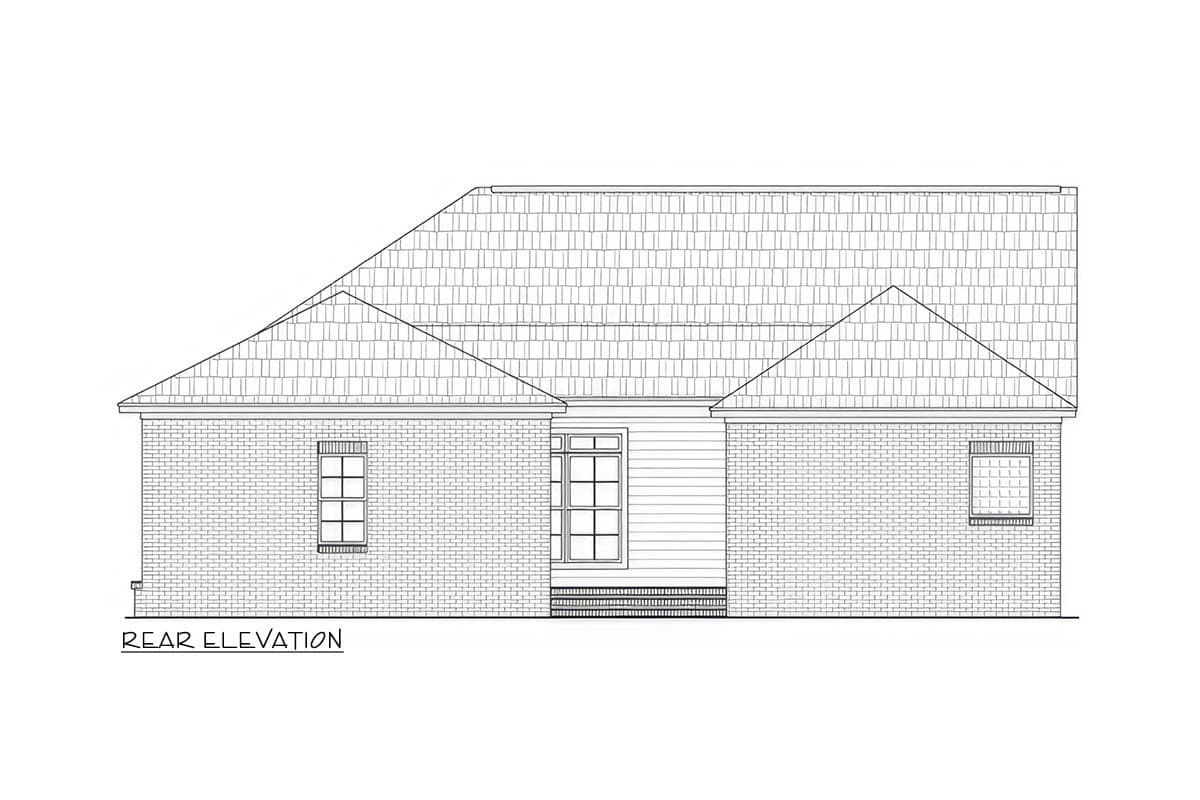 Rear elevation drawing showing brick exterior, shingled roof, and multiple windows.