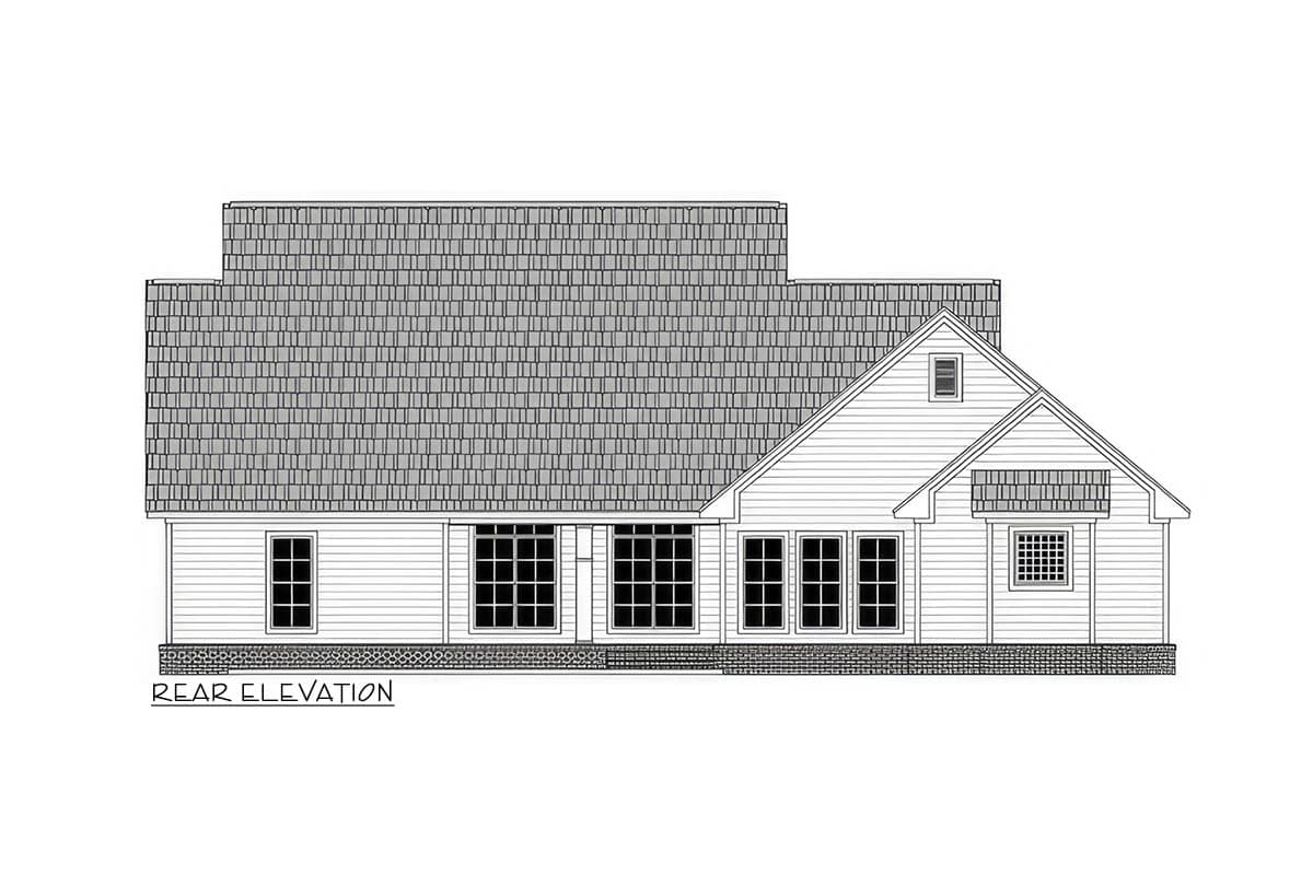 Rear elevation house plan with multi-pane windows, a gable, and shingle accents.