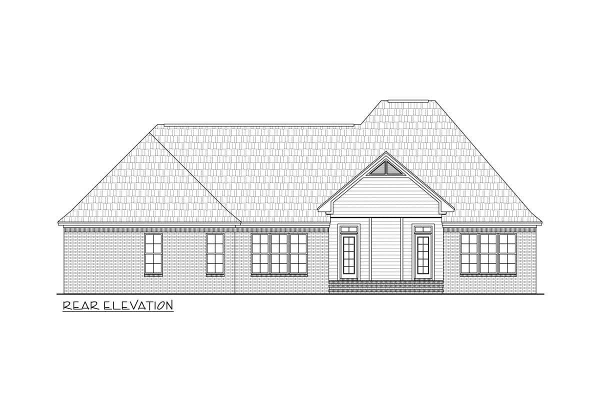 Rear elevation of a one-story house plan featuring brick exterior, gable roof, and double doors with sidelights on a centered porch.
