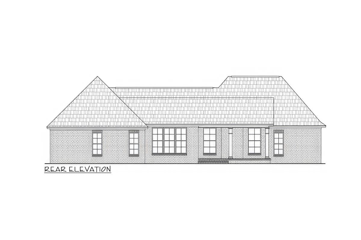 Rear elevation drawing of a one-story house plan with multiple gables, a central entrance porch, and numerous windows.