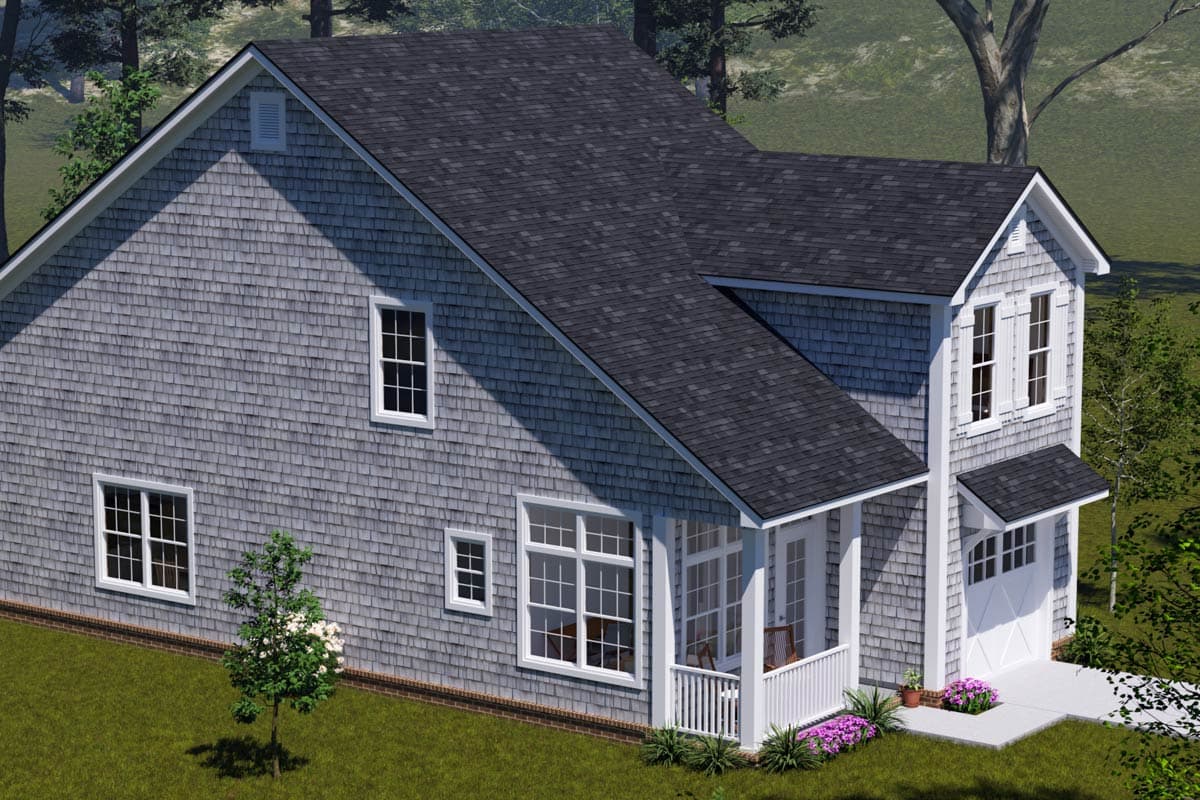 House plan exterior: two-story home with shingle siding, front porch, gables, and attached garage with carriage-style door.