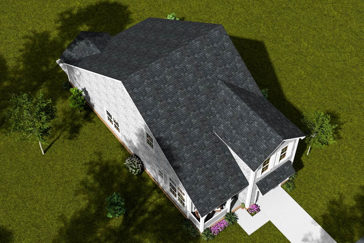 House plan exterior, two-story residence with a covered front porch, multiple gables, and a detached garage.