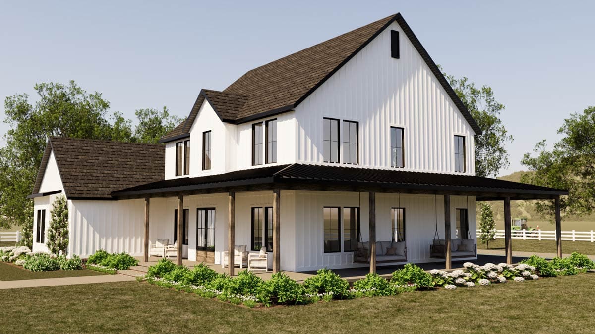 Modern Farmhouse house plan exterior with a wraparound porch, gables, and board-and-batten siding.