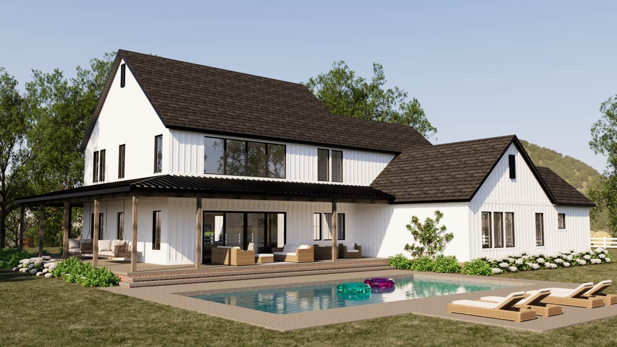 Modern Farmhouse house plan exterior with a wraparound porch, gables, and dark asphalt shingles.