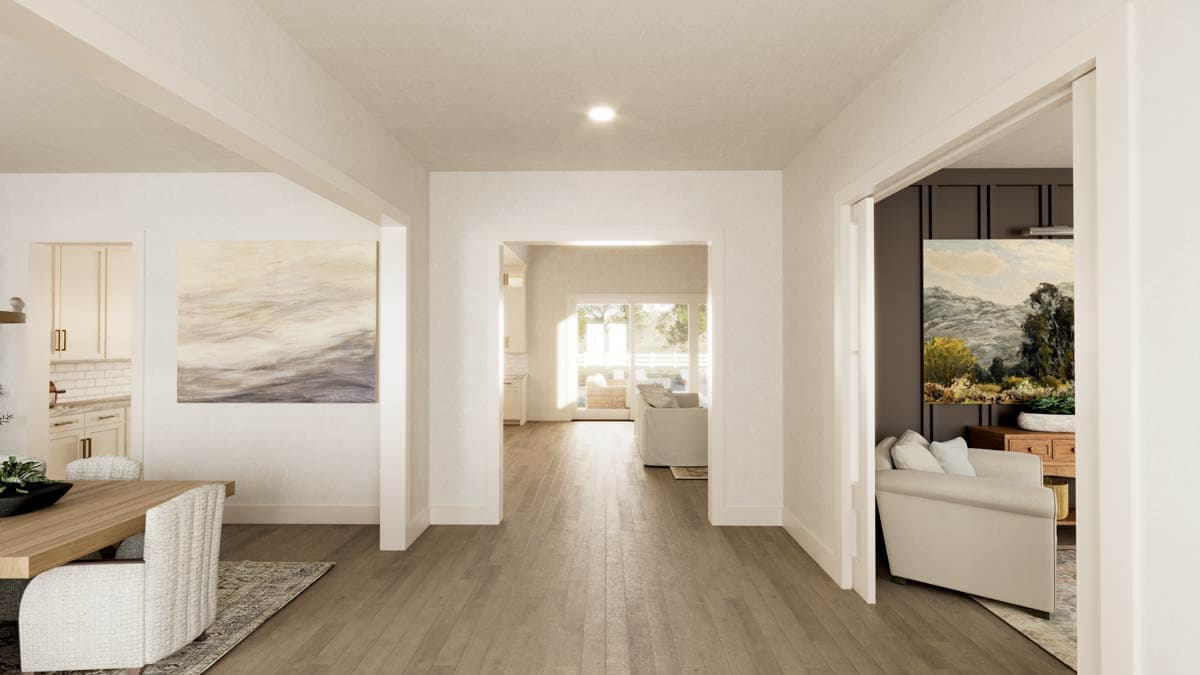 Interior rendering showing dining area, kitchen, and living room with large windows.