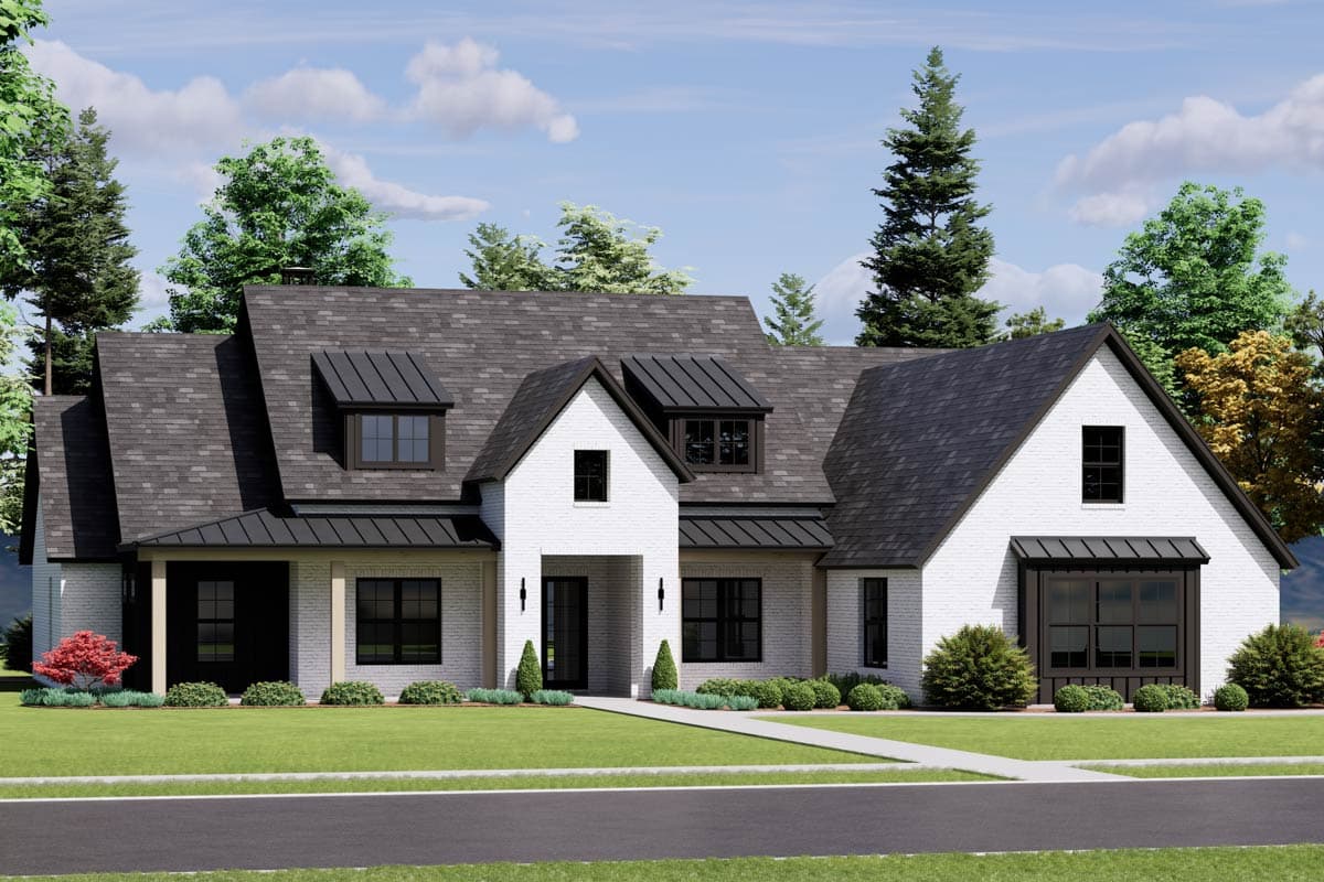 House plan exterior with two stories, gabled roof, dormers, and a covered porch. Features brick facade and dark roof accents.
