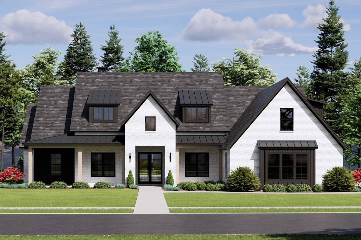Modern Farmhouse house plan exterior, two stories, white brick, gabled dormers, metal roof awnings, and covered porch.