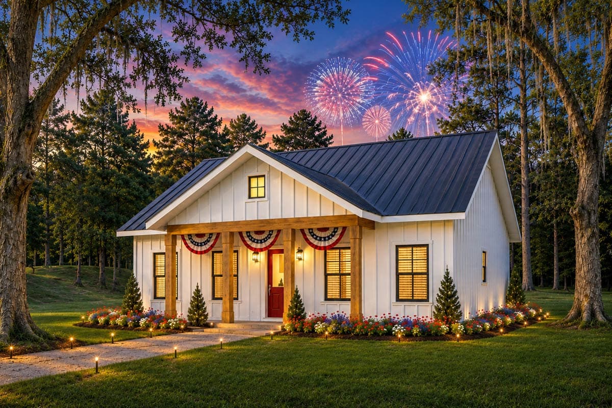 Modern Farmhouse house plan exterior with a covered front porch, gables, and metal roof.