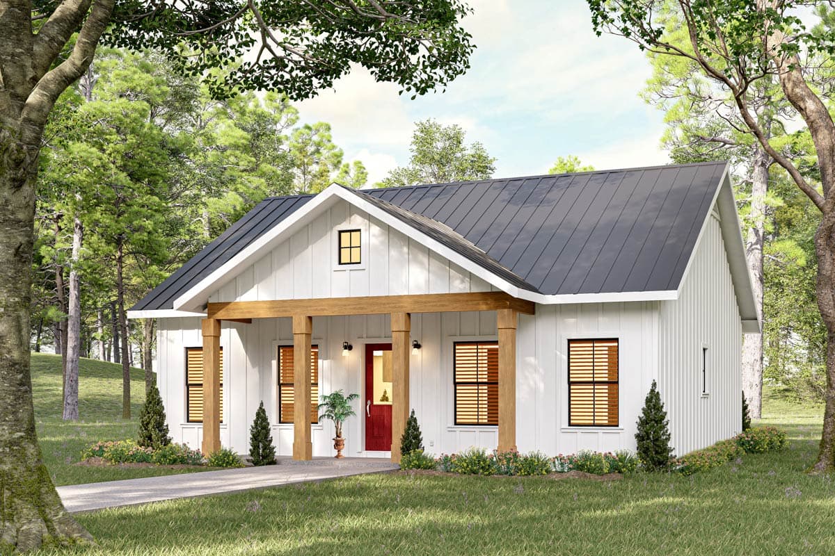 House plan exterior. Modern Farmhouse with a single story, front porch, board-and-batten siding, and a metal roof.