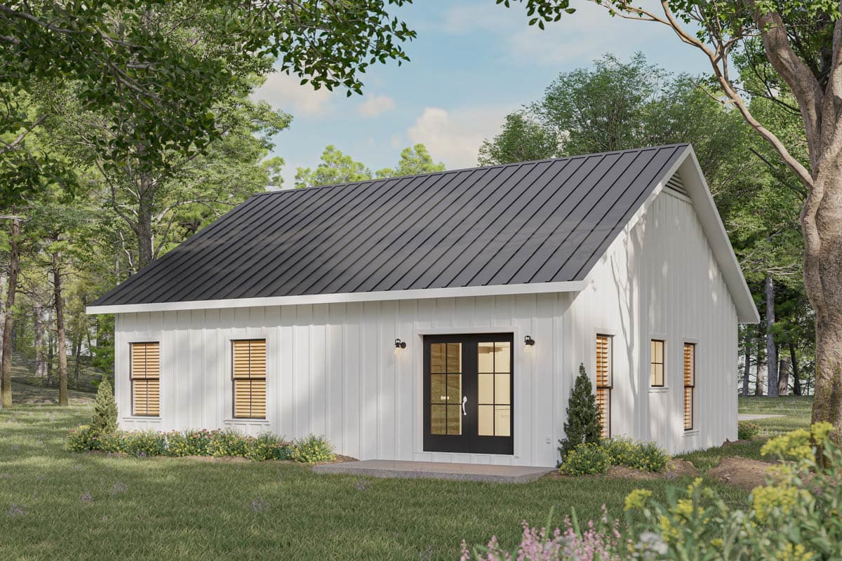 House plan exterior: Modern farmhouse style, one story, white board and batten siding, dark metal gable roof, double glass doors, two windows.