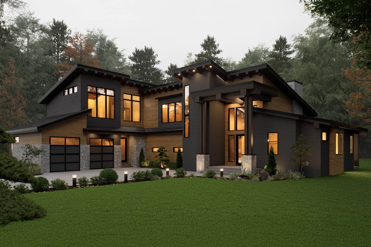 House plan exterior. Modern style, two-story home with a flat roof and multiple gables. Features include a covered entry and a two-car garage.