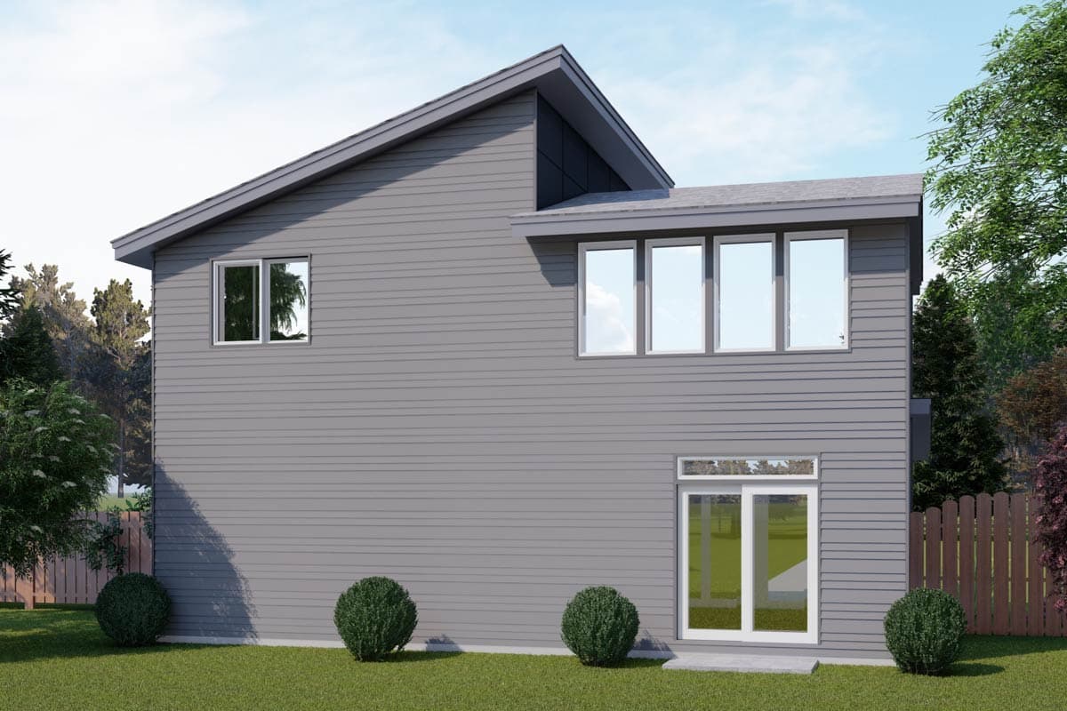House plan exterior of a two-story Modern style home with horizontal siding, asymmetrical gables, and a bank of four windows.