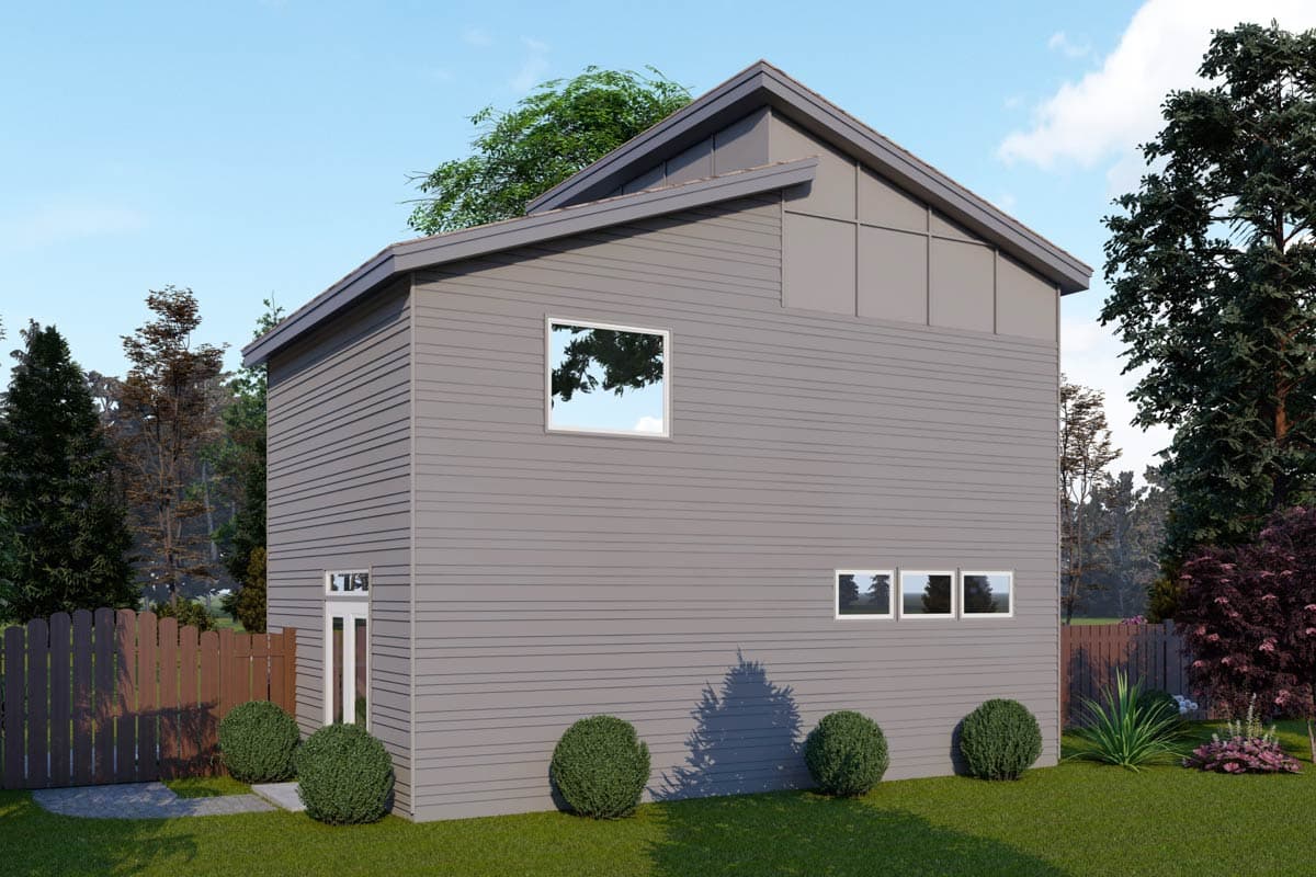 House plan exterior of a two-story modern home with horizontal siding, a gable roof, and varied window placements.
