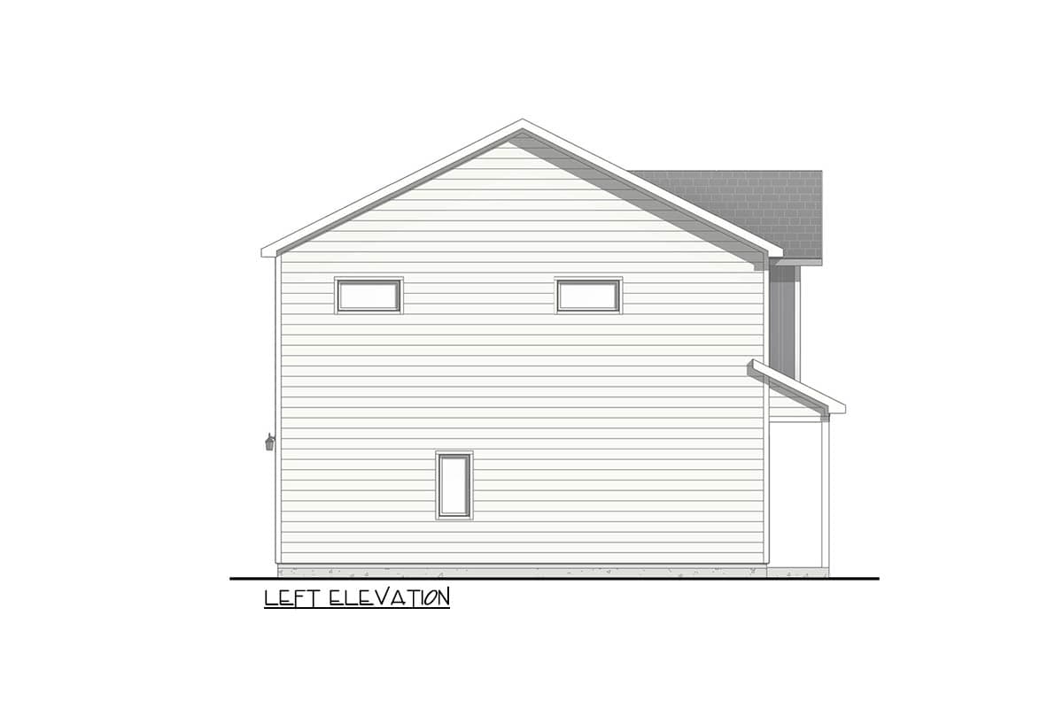 Left elevation drawing of a two-story house with horizontal siding, gable roof, and three windows.
