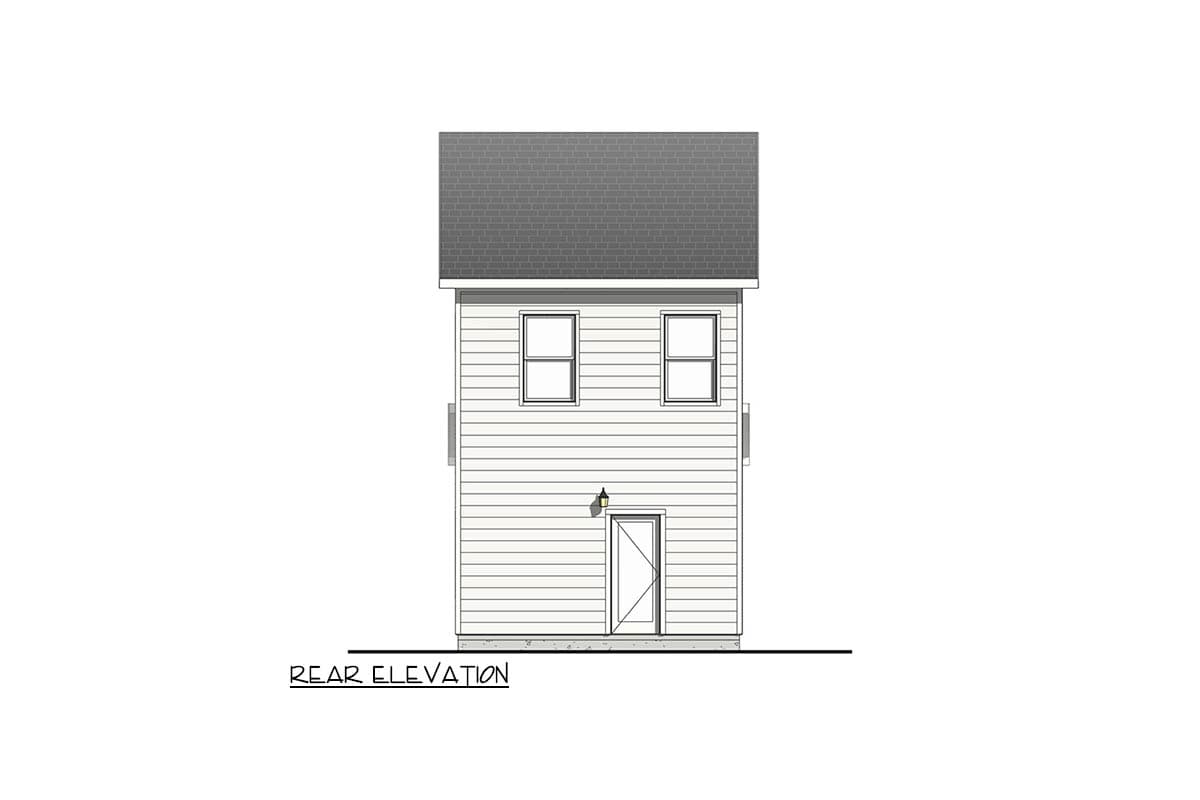 Rear elevation drawing of a two-story house plan with horizontal siding, two upper windows, and a single rear door.