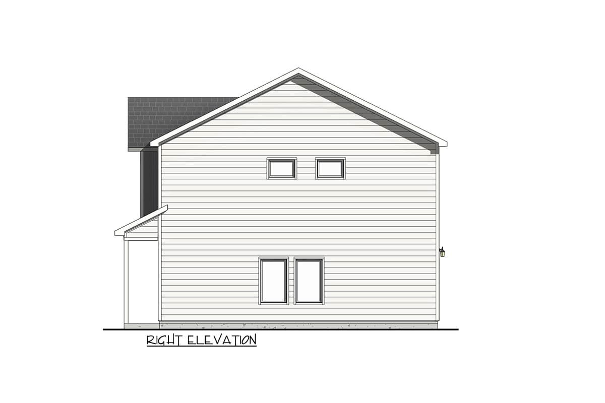 House plan right elevation showing a two-story structure with horizontal siding, gabled roof, and four windows.