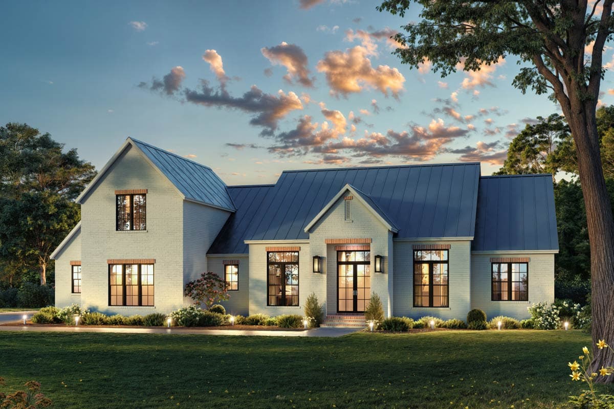 Modern Farmhouse house plan exterior, two stories, white brick, metal roof, gables, and prominent front entry with glass doors.