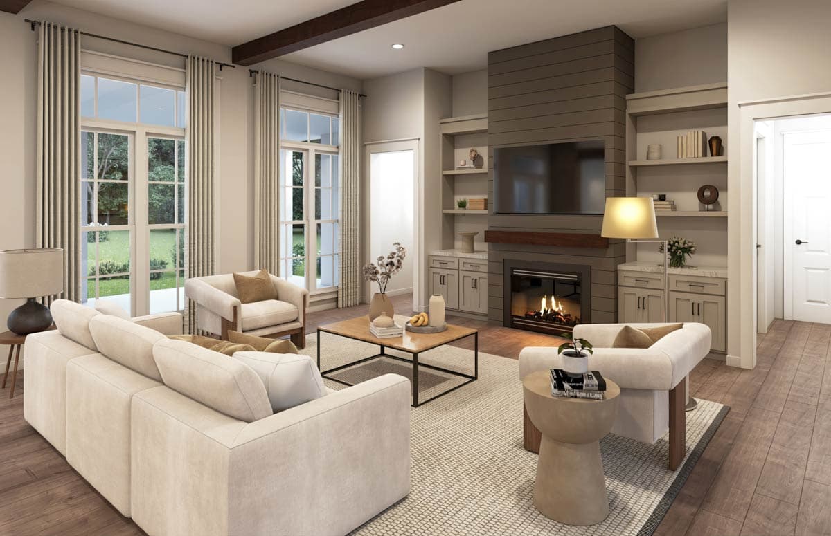 Living room with fireplace, built-in shelving, large windows, and coffered ceiling with exposed beams.