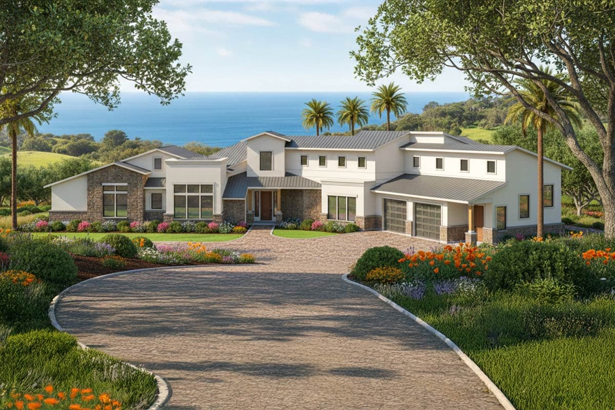 A modern, white home with stone accents sits on a coastal property, with palm trees and ocean views visible in the background.