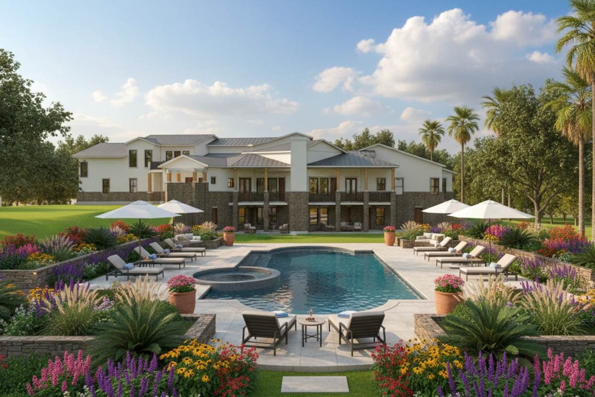 A luxurious mansion with a pool, lounge chairs, and manicured gardens. Palm trees and blue sky complete the idyllic setting.