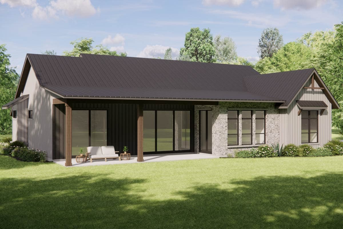 House plan exterior: Modern Farmhouse style, single story, with covered patio, metal roof, board and batten siding, and brick accents.