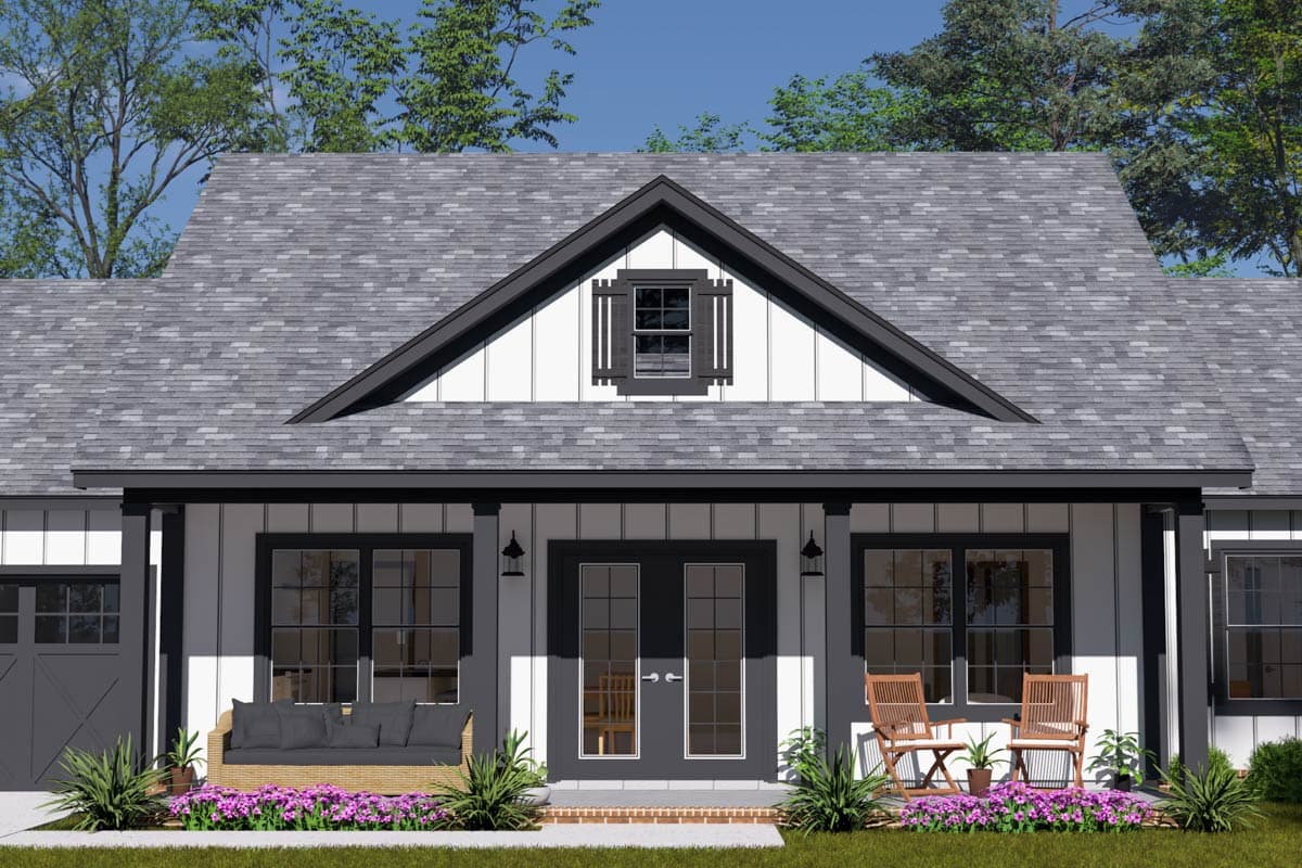 Modern Farmhouse house plan exterior with a covered front porch, gable dormer, and two-story design.