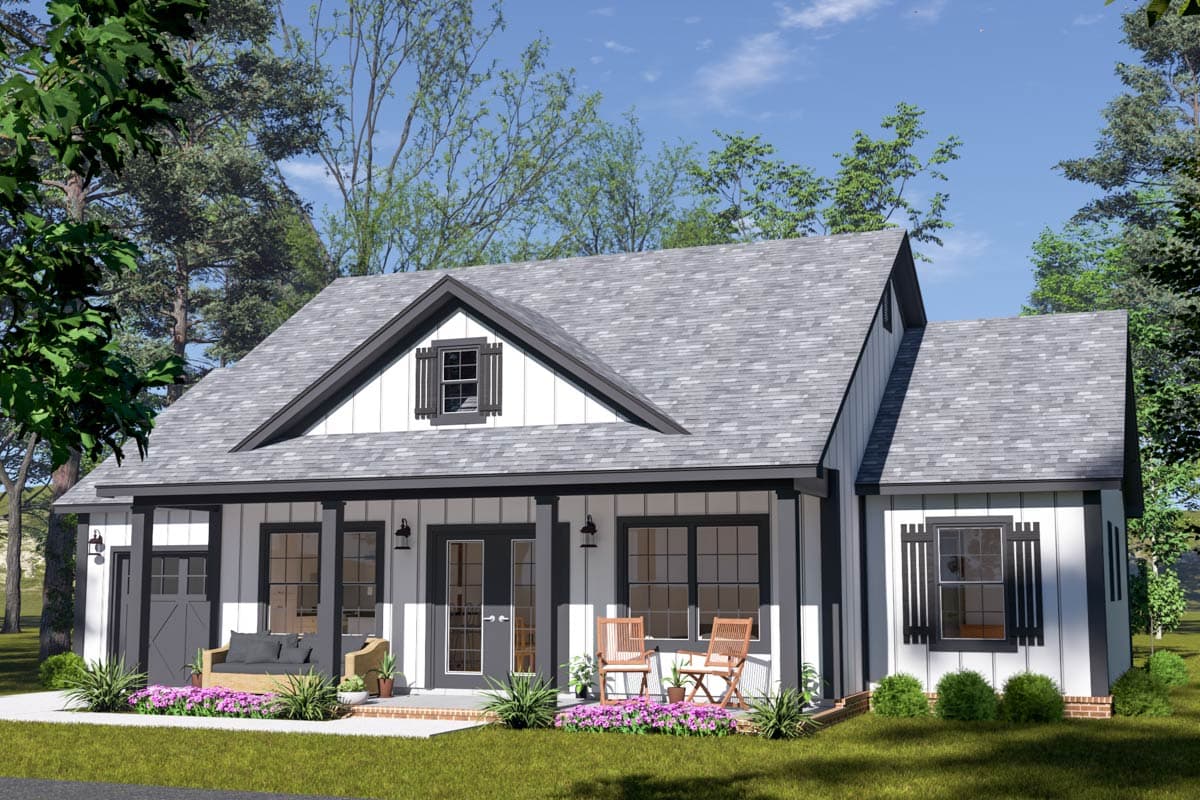 House plan exterior. One-story Modern Farmhouse with a gabled roof, front porch, and dormer. Features include black trim and shutters.