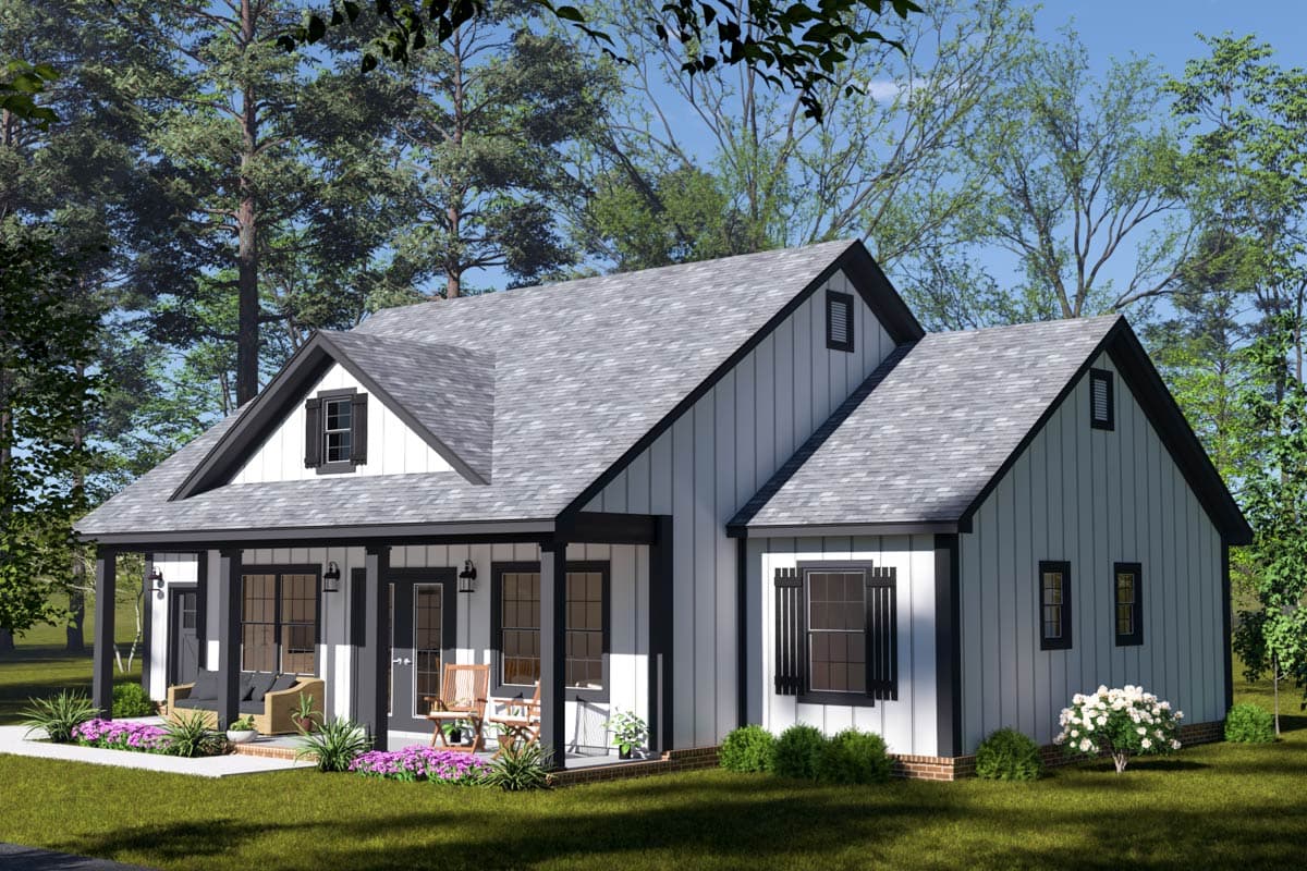 House plan exterior: one-and-a-half story Modern Farmhouse with front porch, gables, dormers, and vertical siding.